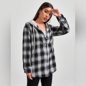 SHEIN Monochrome Plaid Button Up Shirt with Hood Size Medium